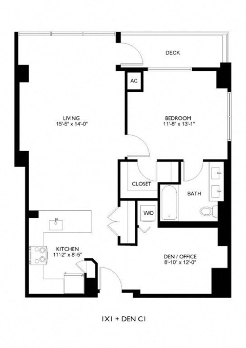 Floor plan for 1 bed, 1 bath, 946 sqft